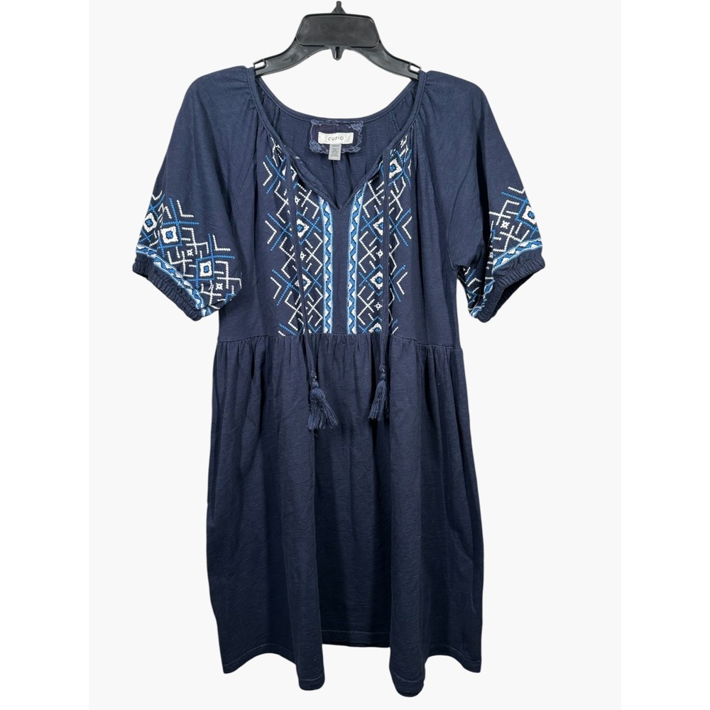Cupio Small Dress Boho Navy Blue Embroidered Short Sleeve 100% Cotton Hippie